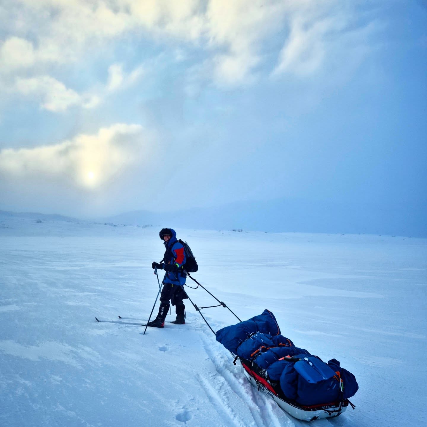 Amy Mir on winter expedition with pulk sled, Hardangervidda Norway