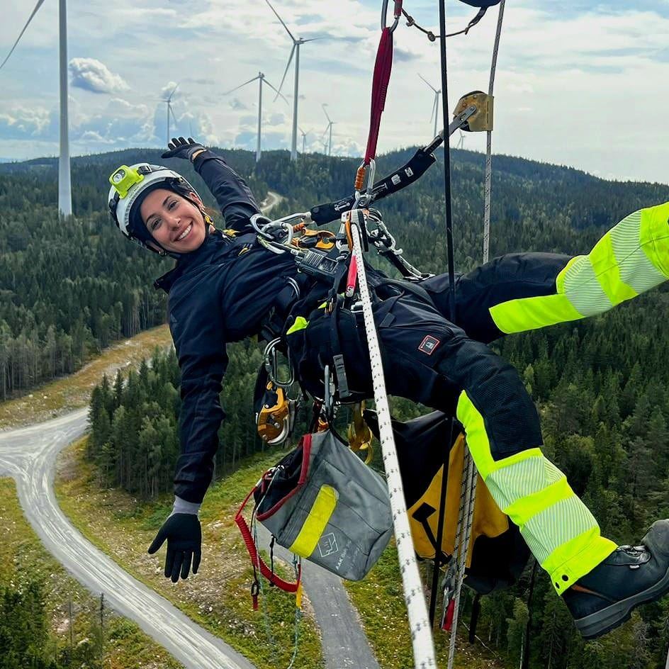 Amy Mir rope access technician working offshore on North Sea platform